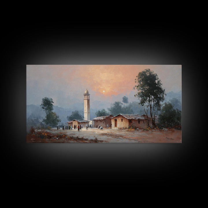 Sunset Mosque Village And Misty Rural Landscape Canvas Print, Country Wall Art, Rustic Home Decor, Housewarming Gift, Fine Art Print