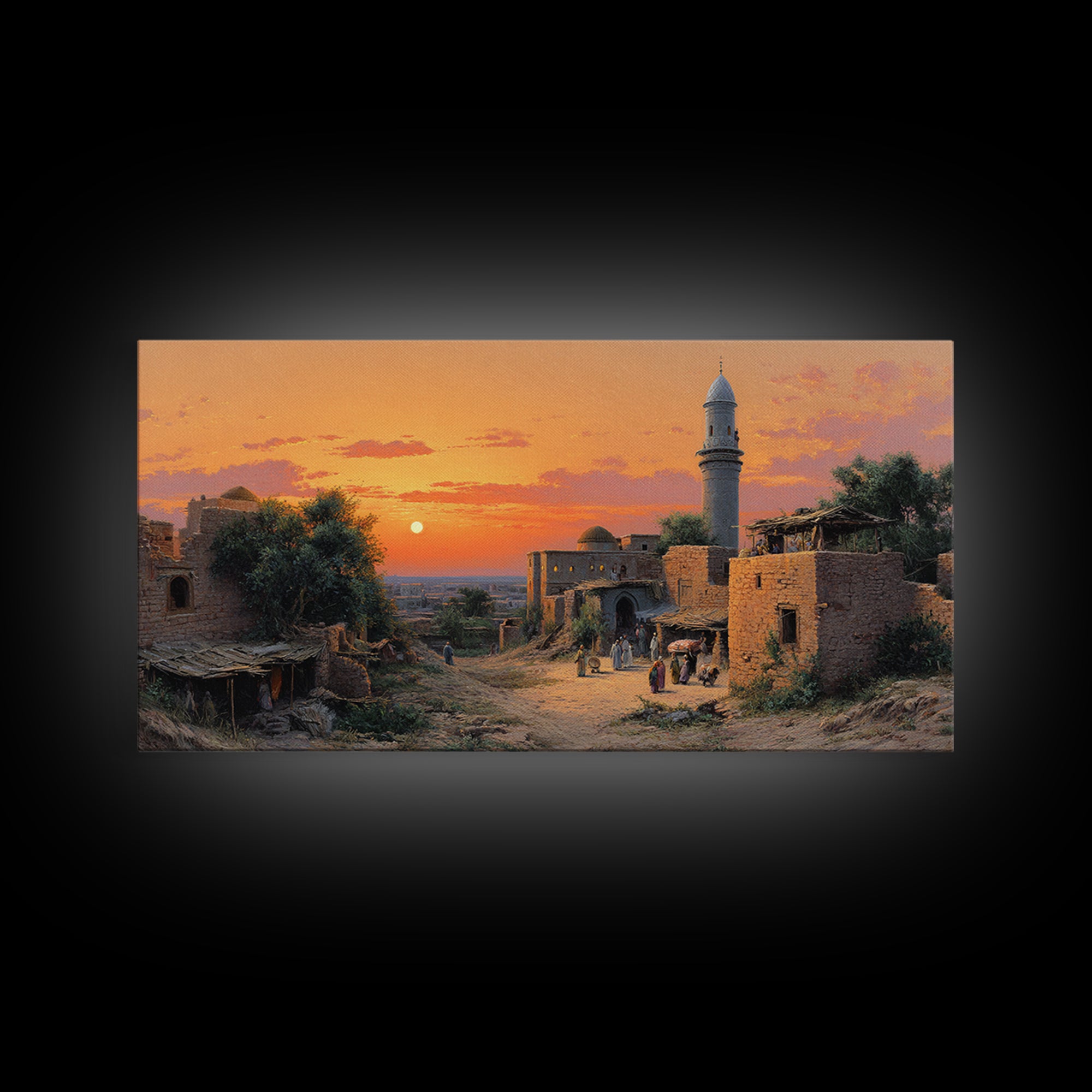 Sunset Village With Stone Mosque Wall Art, Middle Eastern Travel Poster, Islamic Home Decor, Warm Landscape Print, Gift Idea