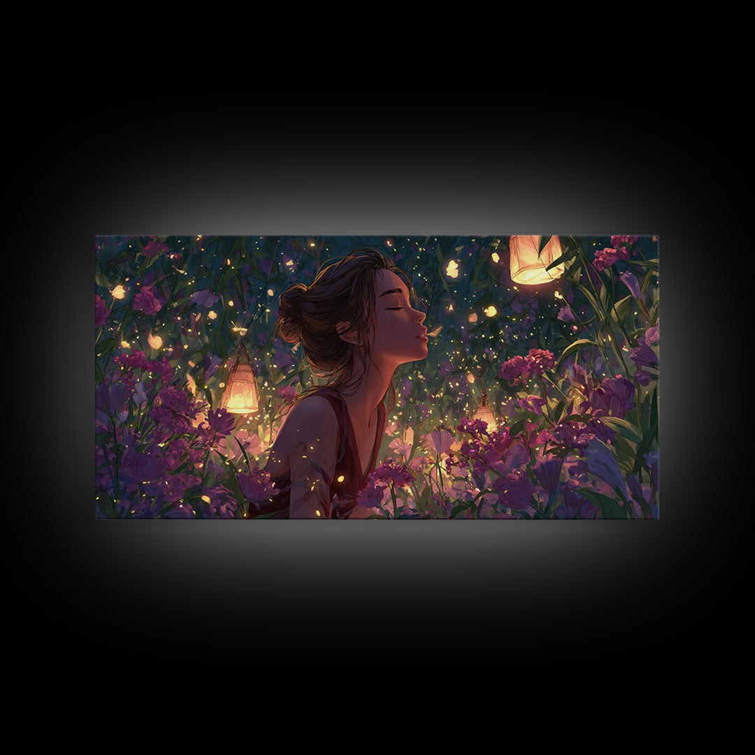 Dreamy Woman In Lantern Flower Garden Wall Art, Fantasy Canvas Print, Whimsical Floral Decor, Feminine Bedroom Gift For Her