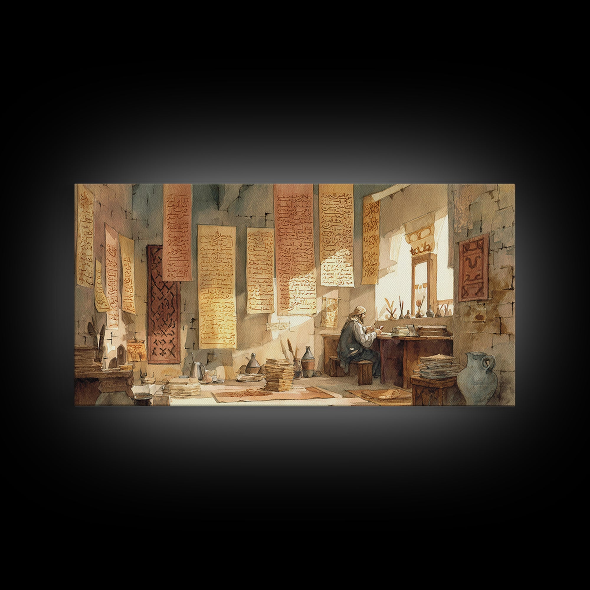 Sunlit Scribe Study Wall Art, Ancient Manuscripts Canvas, Scholarly Library Decor, Historical Calligraphy Art Print Gift