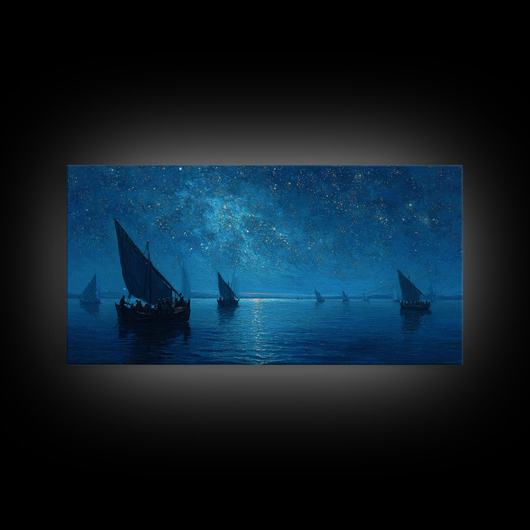 Starry Blue Night Sailboats Canvas Print, Nautical Seascape Wall Art, Coastal Bedroom Decor, Ocean Housewarming Gift For Her