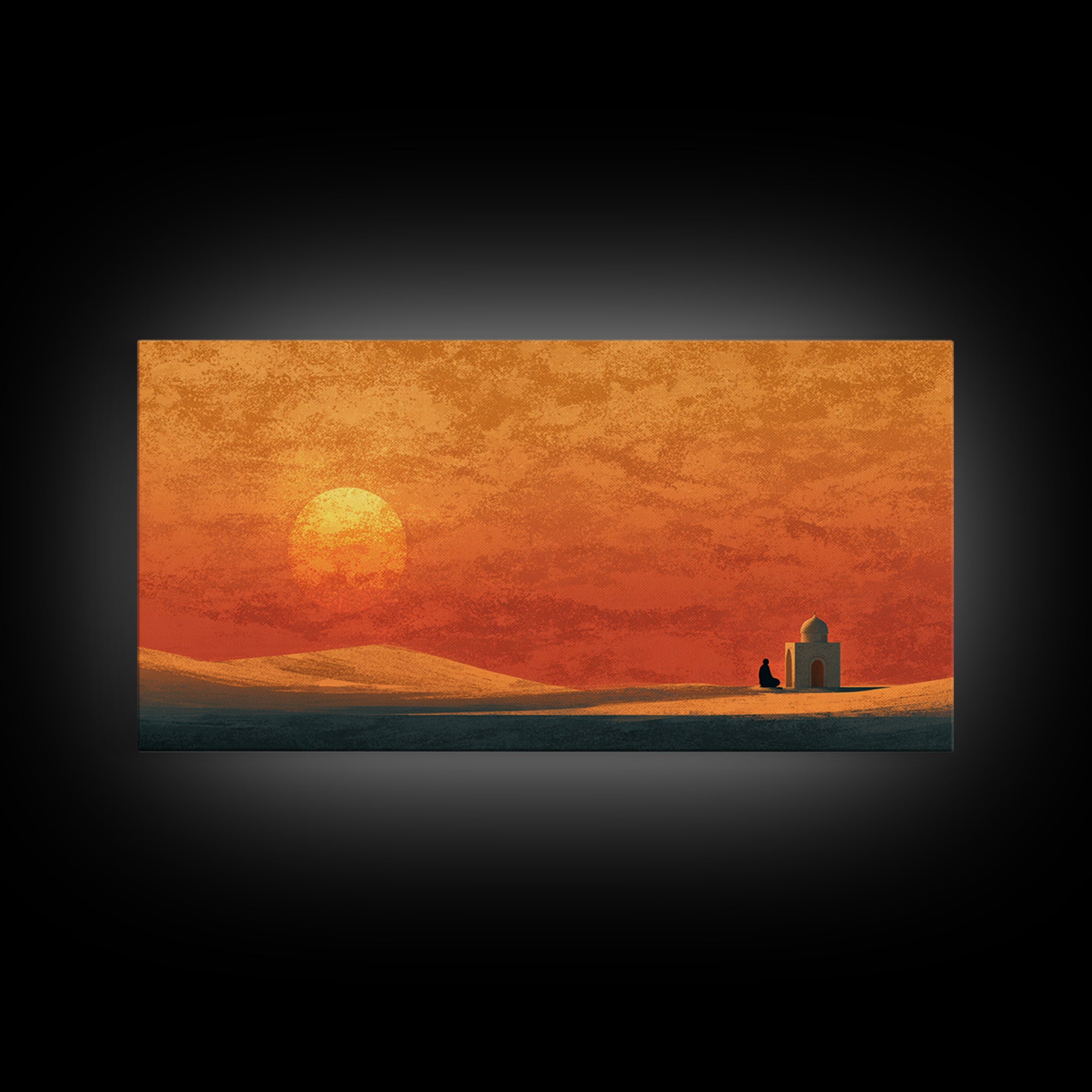 Desert Mosque At Orange Sunset Canvas Print, Islamic Wall Art, Moroccan Decor, Spiritual Art, Minimalist Home Decor Gift