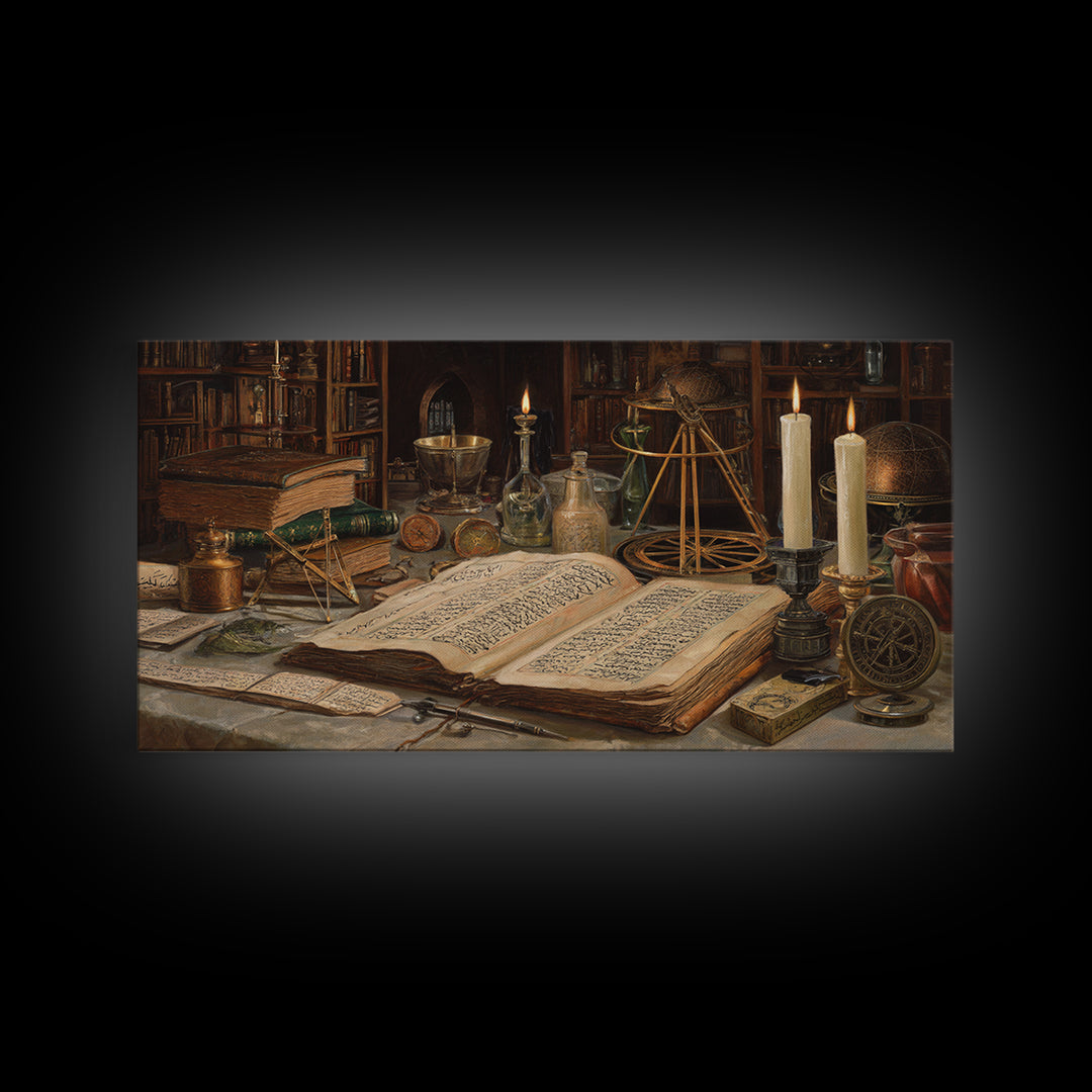 Alchemy Library Manuscript Wall Art, Dark Academia Canvas Print, Occult Still Life, Gothic Office Decor, Book Lover Gift
