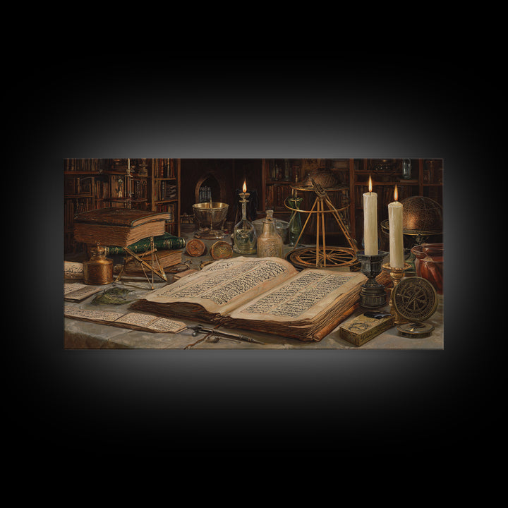 Alchemy Library Manuscript Wall Art, Dark Academia Canvas Print, Occult Still Life, Gothic Office Decor, Book Lover Gift