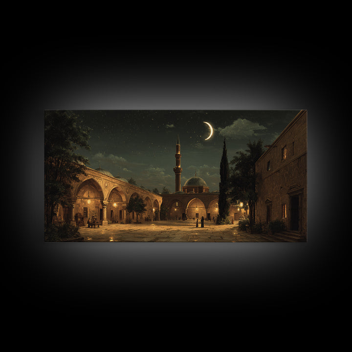 Crescent Moon Mosque Courtyard Wall Art, Islamic Framed Canvas Print, Celestial Night Decor For Prayer Room And Living Room