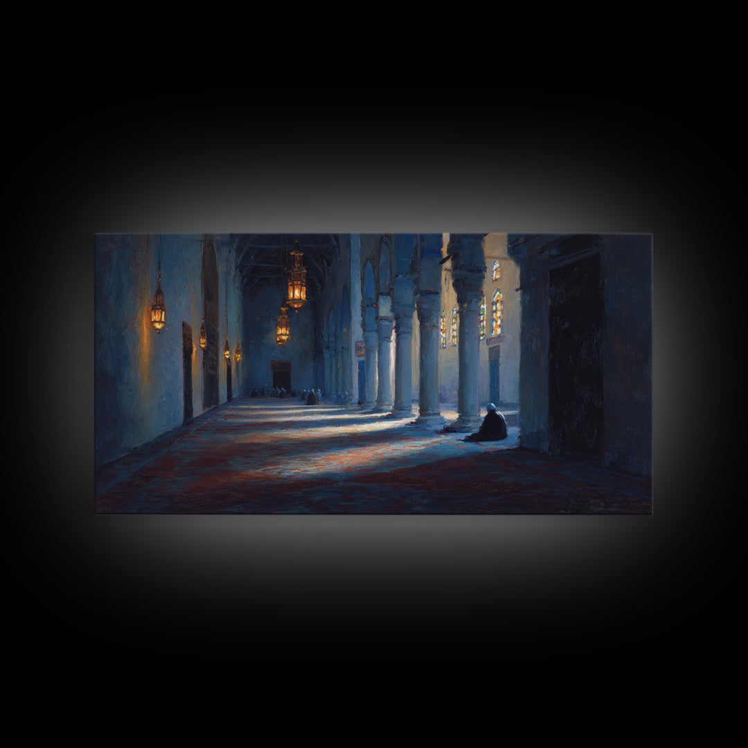 Blue Mosque Prayer Hall Wall Art, Moody Islamic Interior Canvas Print, Lantern Light, Spiritual Home Decor For Meditation