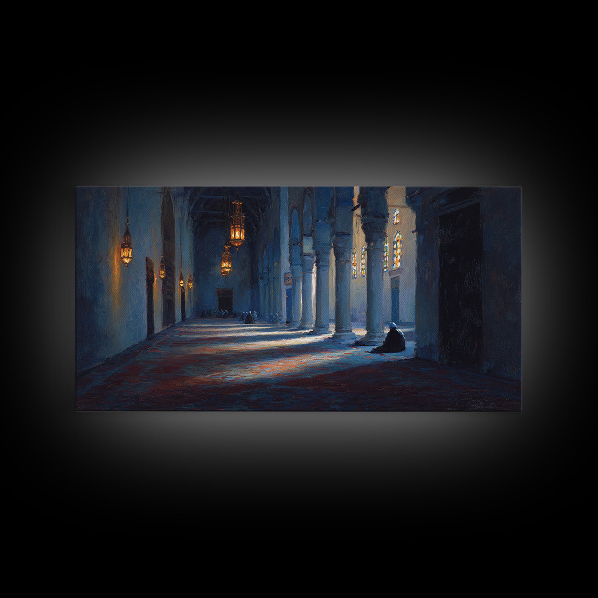 Blue Mosque Prayer Hall Wall Art, Moody Islamic Interior Canvas Print, Lantern Light, Spiritual Home Decor For Meditation