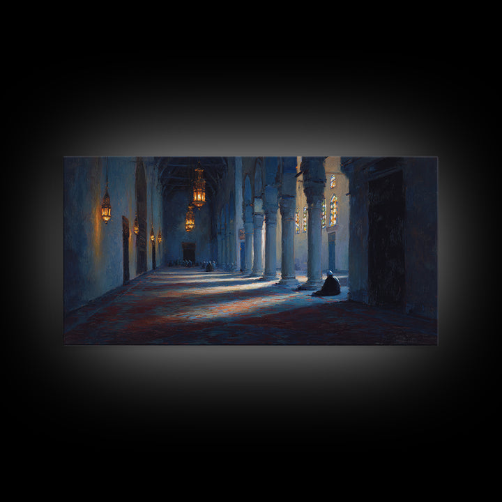 Blue Mosque Prayer Hall Wall Art, Moody Islamic Interior Canvas Print, Lantern Light, Spiritual Home Decor For Meditation