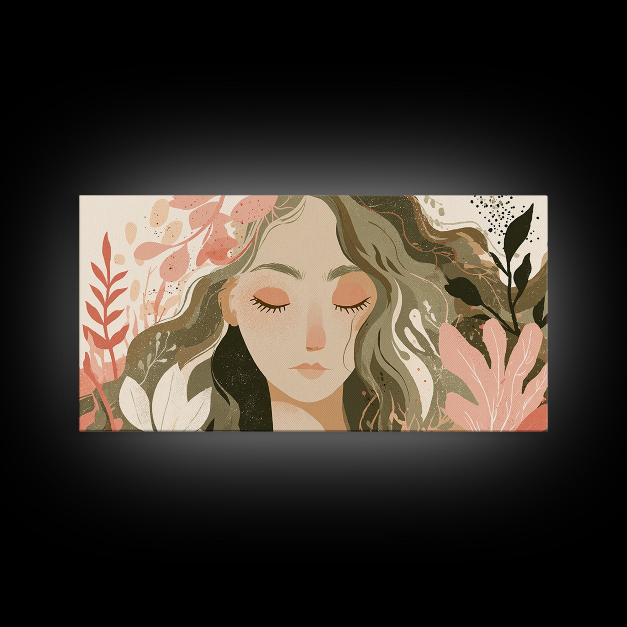 Serene Floral Woman Portrait Wall Art, Boho Botanical Canvas Wall Decor, Feminine Neutral Living Room Art Print, Gift For Her