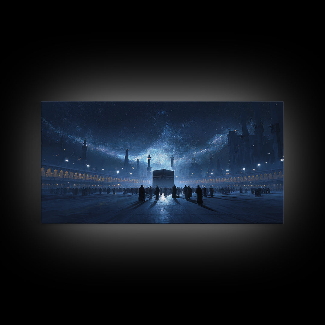 Kaaba Under Starry Blue Night Wall Art, Islamic Architecture Canvas Print, Ramadan Decor, Spiritual Travel Poster Gift Idea