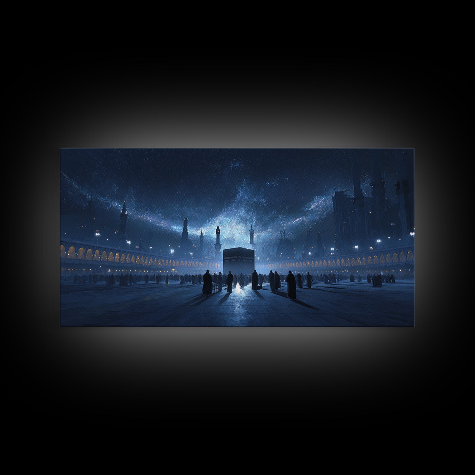 Kaaba Under Starry Blue Night Wall Art, Islamic Architecture Canvas Print, Ramadan Decor, Spiritual Travel Poster Gift Idea