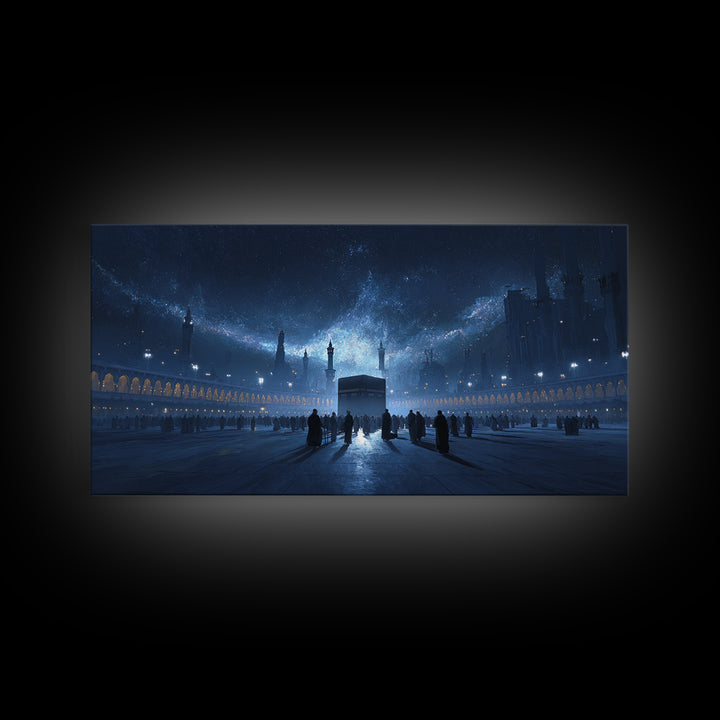 Kaaba Under Starry Blue Night Wall Art, Islamic Architecture Canvas Print, Ramadan Decor, Spiritual Travel Poster Gift Idea