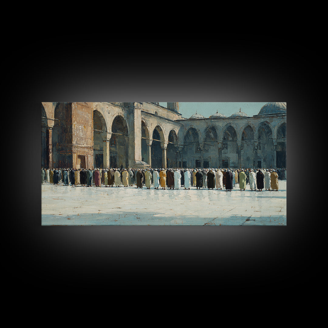 Islamic Courtyard Prayer Gathering Wall Art, Mosque Architecture Canvas Print, Muslim Home Decor, Ramadan Eid Spiritual Gift