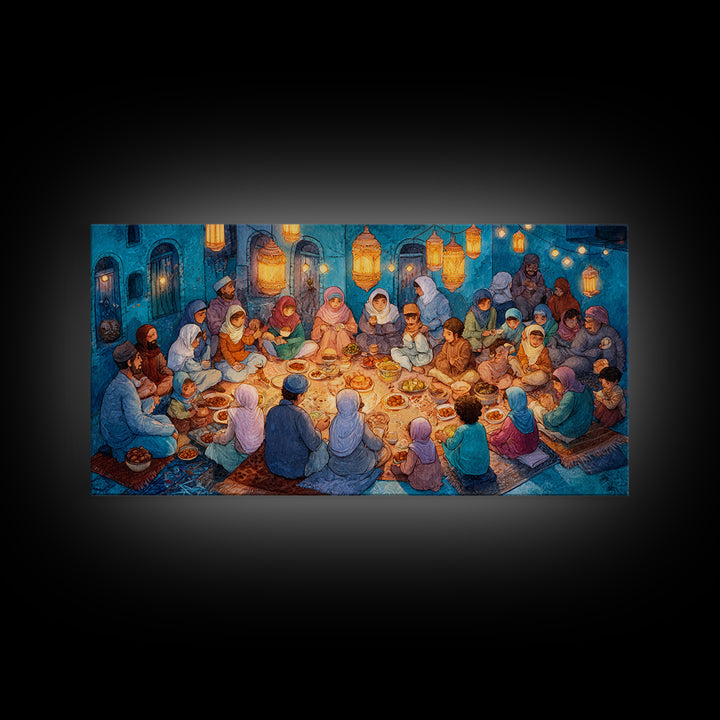 Ramadan Iftar Family Feast Under Lanterns Canvas Print, Islamic Wall Art, Eid Decor, Muslim Home Decor, Housewarming Gift