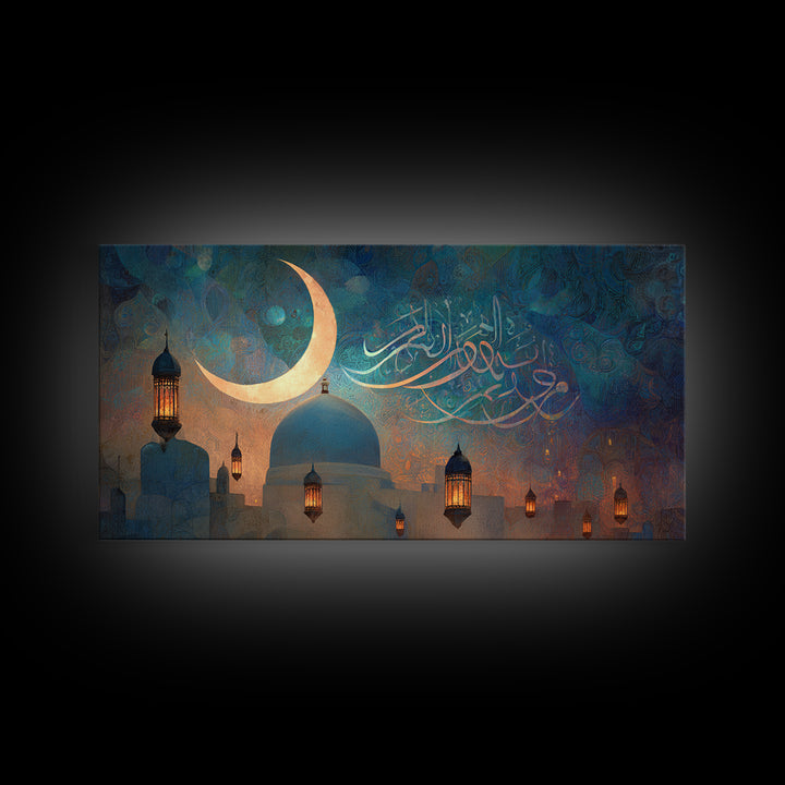 Crescent Moon Mosque And Arabic Calligraphy Wall Art, Islamic Home Decor, Ramadan Gift, Teal Blue Prayer Room Decor Canvas Print