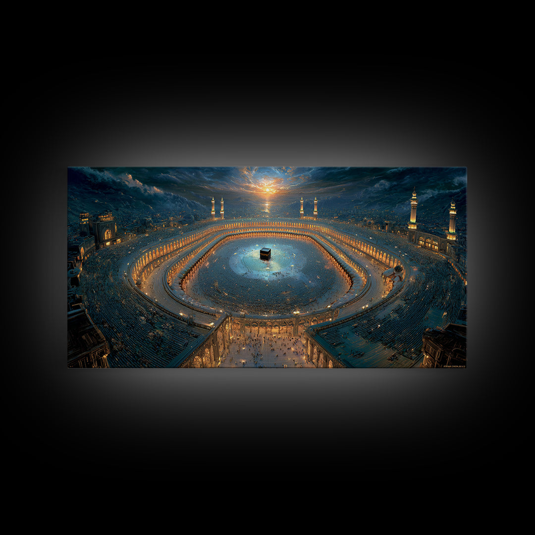 Aerial Kaaba Pilgrimage Wall Art, Islamic Framed Canvas Print, Mecca Mosque Spiritual Decor, Eid Muslim Housewarming Gift