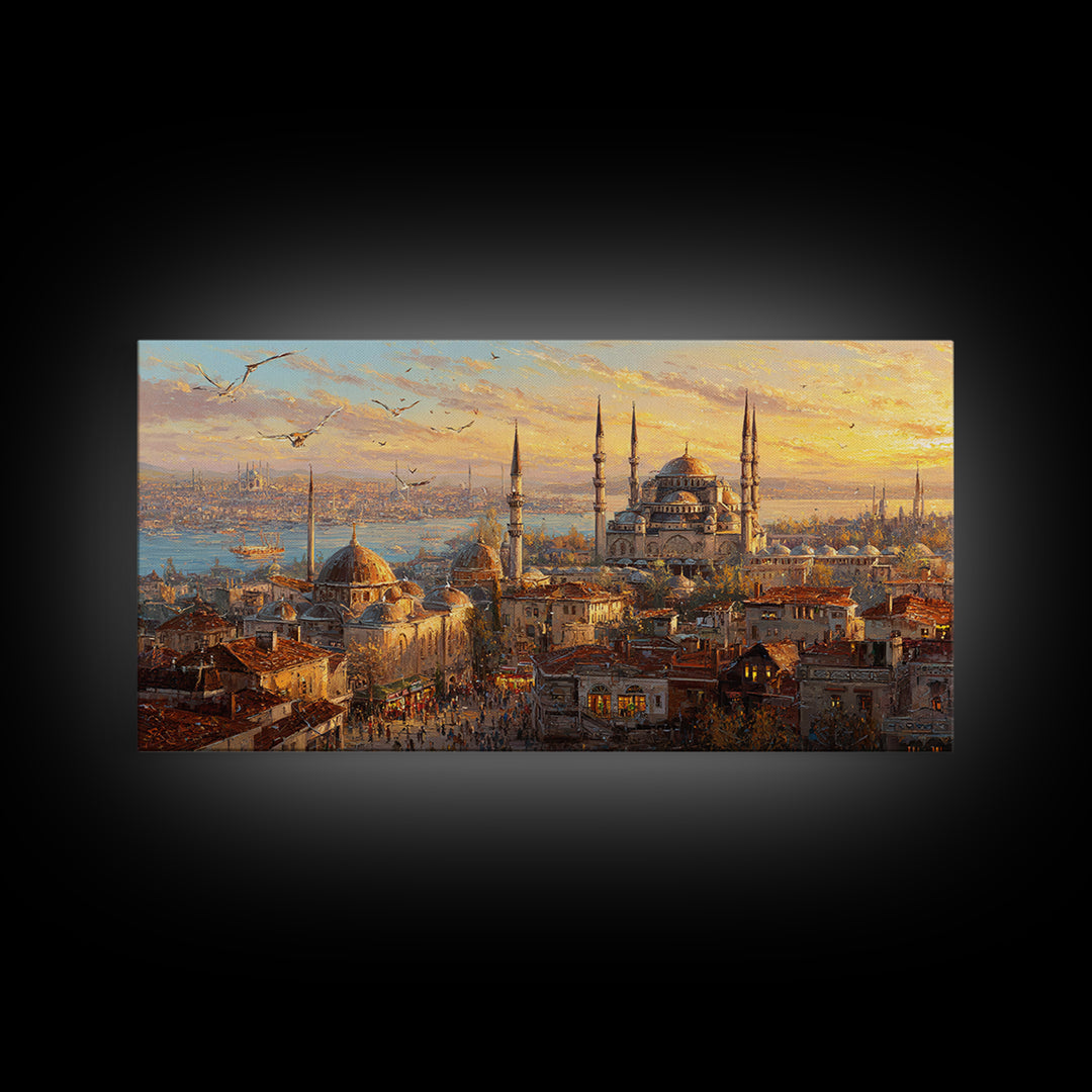 Istanbul Mosque Skyline At Sunset Wall Art, Turkish Travel Poster, Islamic Architecture Canvas Print, Warm City Living Room Decor