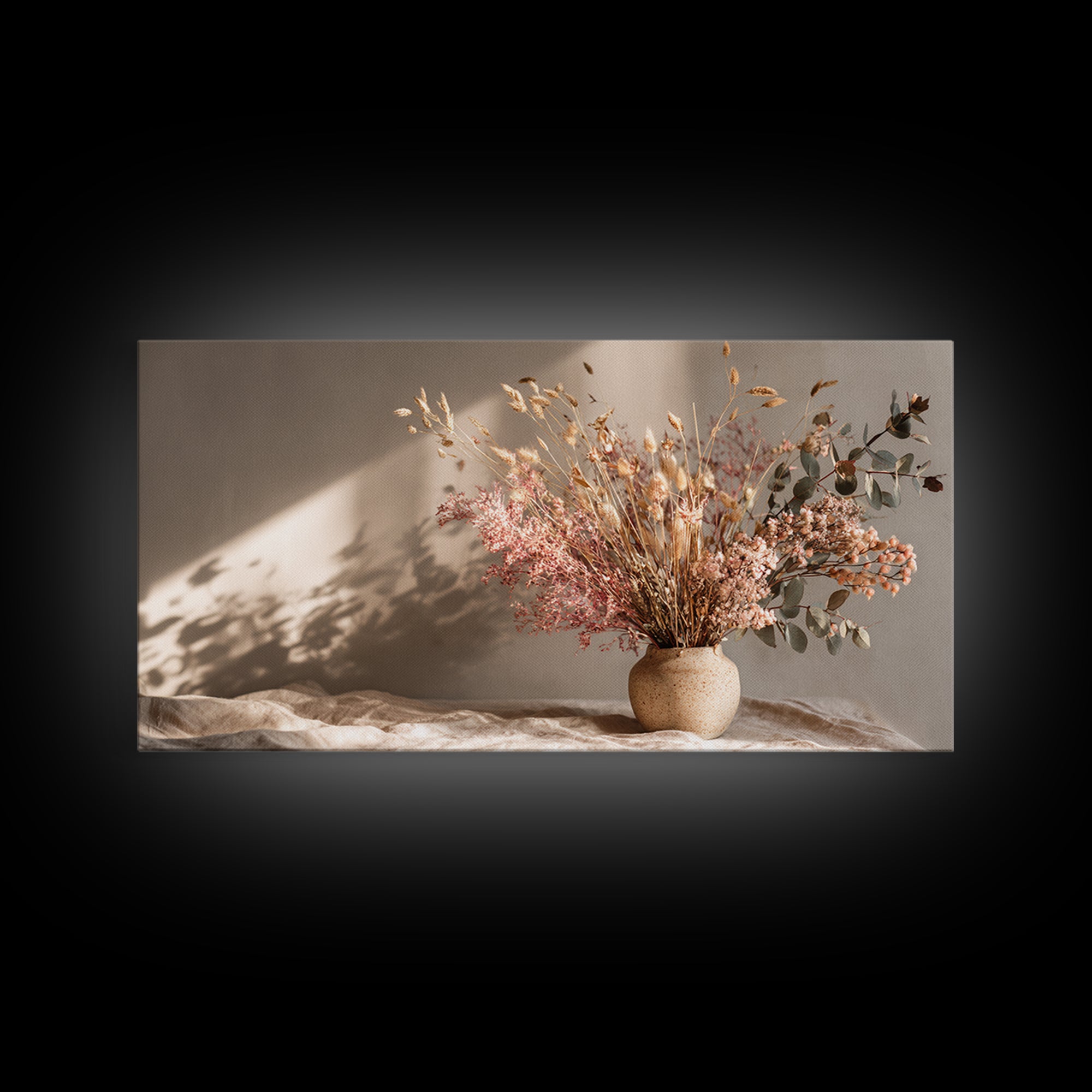 Blush Dried Floral Bouquet In Ceramic Vase Framed Canvas Print, Neutral Boho Wall Art, Earth Tone Living Room Decor Gift