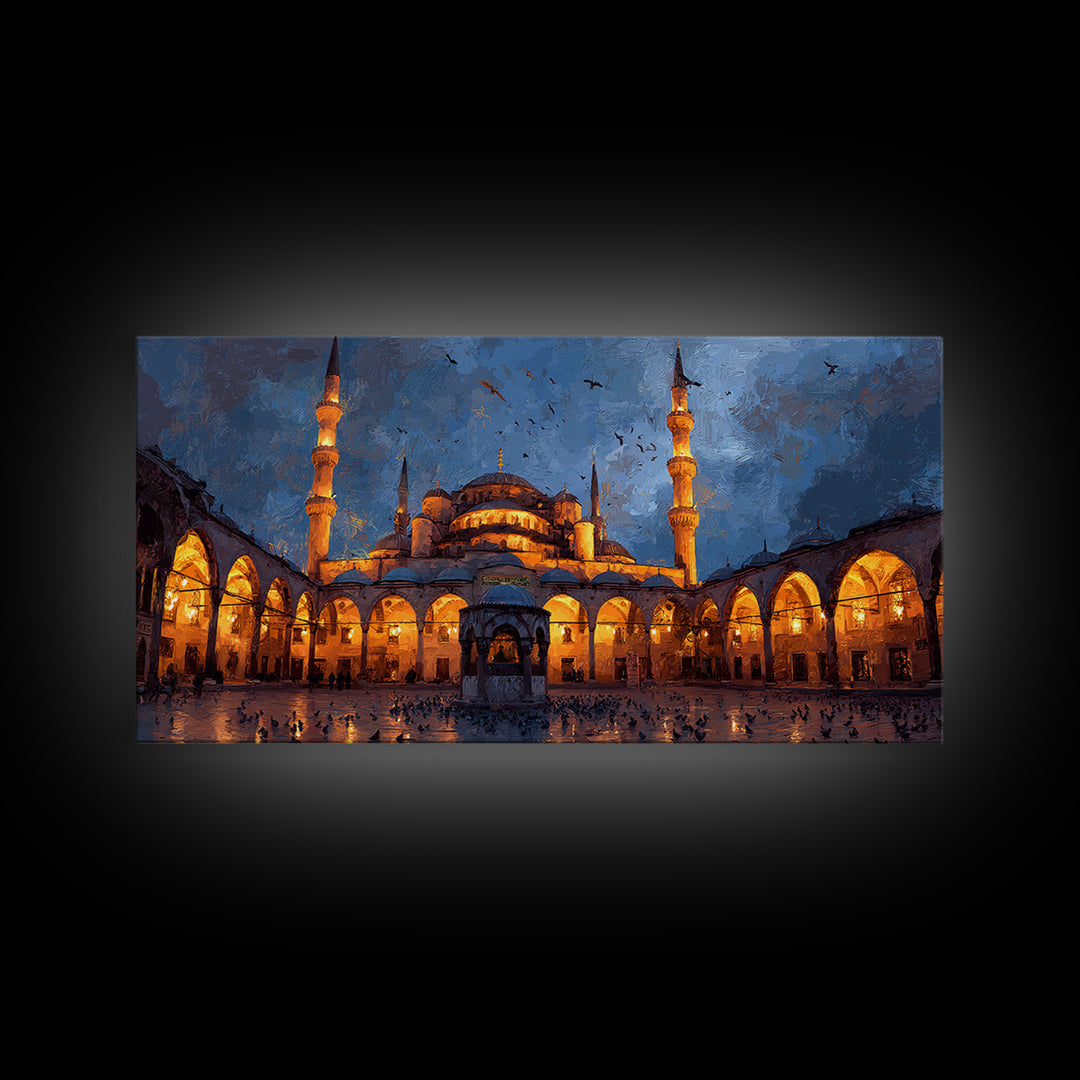 Illuminated Mosque Courtyard Wall Art, Islamic Architecture Canvas Print, Blue Evening Decor, Prayer Room Decor, Eid Gift