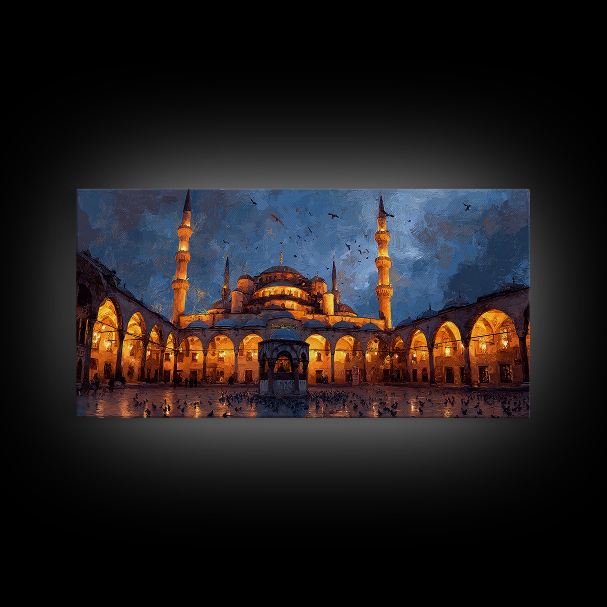 Illuminated Mosque Courtyard Wall Art, Islamic Architecture Canvas Print, Blue Evening Decor, Prayer Room Decor, Eid Gift
