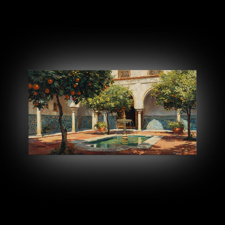 Moroccan Courtyard With Orange Trees Framed Canvas Print, Mediterranean Wall Art, Islamic Architecture Home Decor Gift Idea