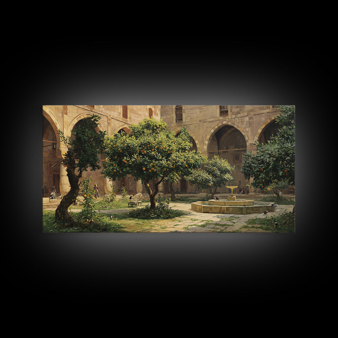 Orange Tree Courtyard Wall Art, Mediterranean Garden Canvas Print, Italian Villa Decor, Rustic Landscape, Housewarming Gift