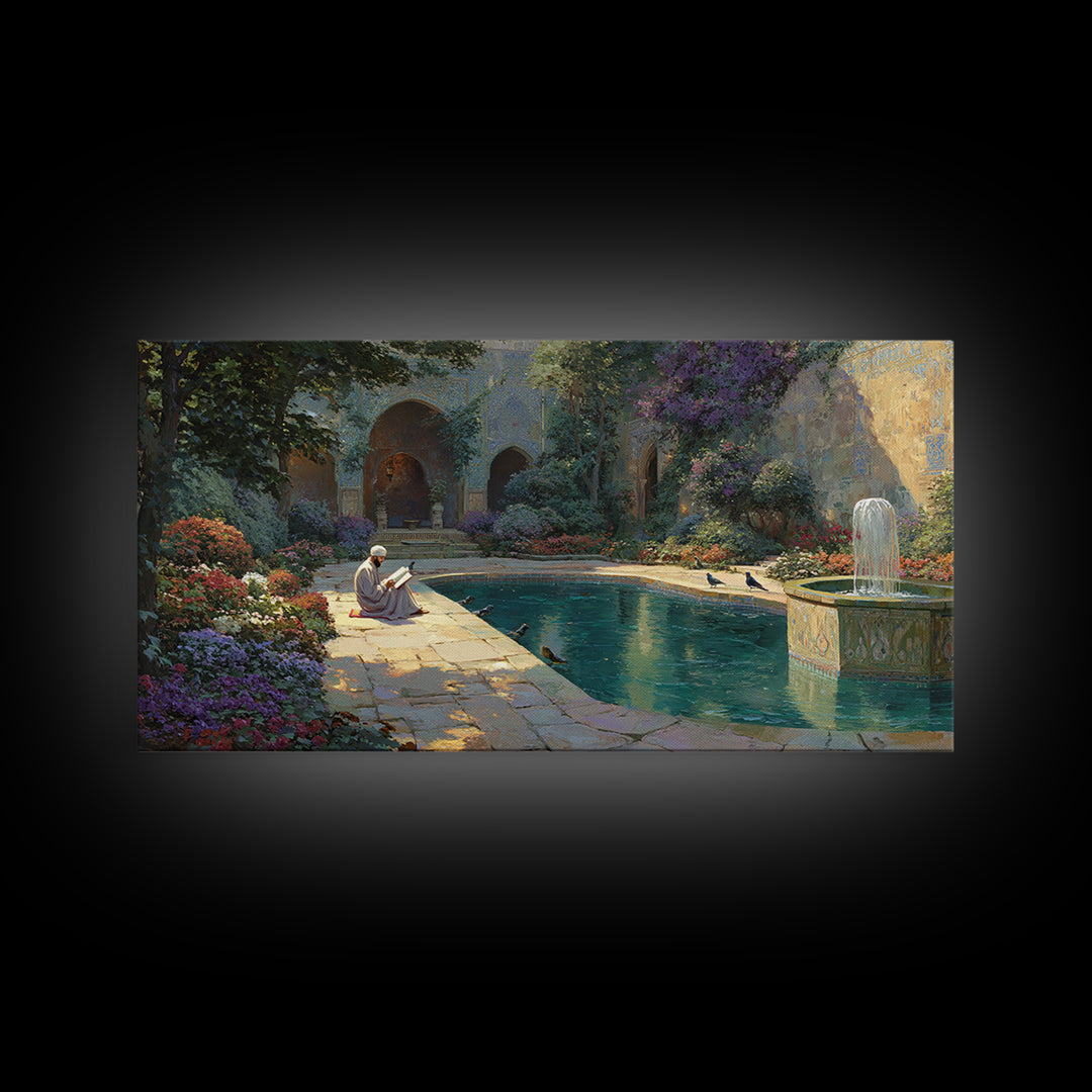 Serene Courtyard Garden With Fountain Wall Art, Mediterranean Canvas Print, Islamic Architecture, Peaceful Reading Nook Decor