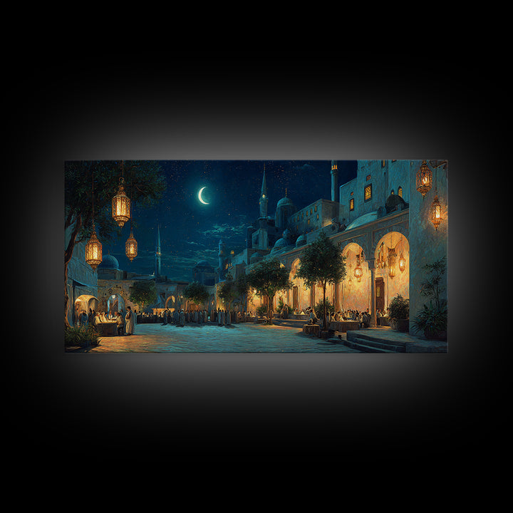 Moonlit Middle Eastern Market Street Wall Art, Islamic Architecture Canvas Print, Ramadan Decor, Moroccan Night Poster, Eid Gift