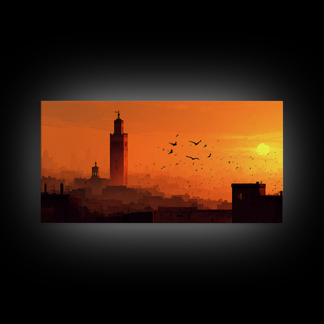 Orange Marrakech Skyline Wall Art, Moroccan Tower Sunset Canvas Print, Travel Poster, Islamic Architecture, Warm Home Decor