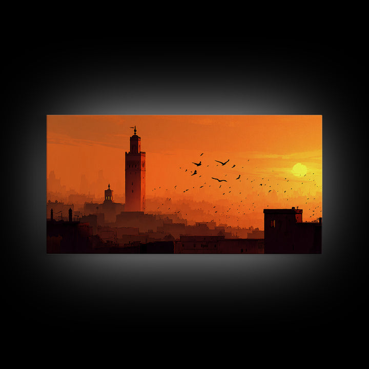 Orange Marrakech Skyline Wall Art, Moroccan Tower Sunset Canvas Print, Travel Poster, Islamic Architecture, Warm Home Decor