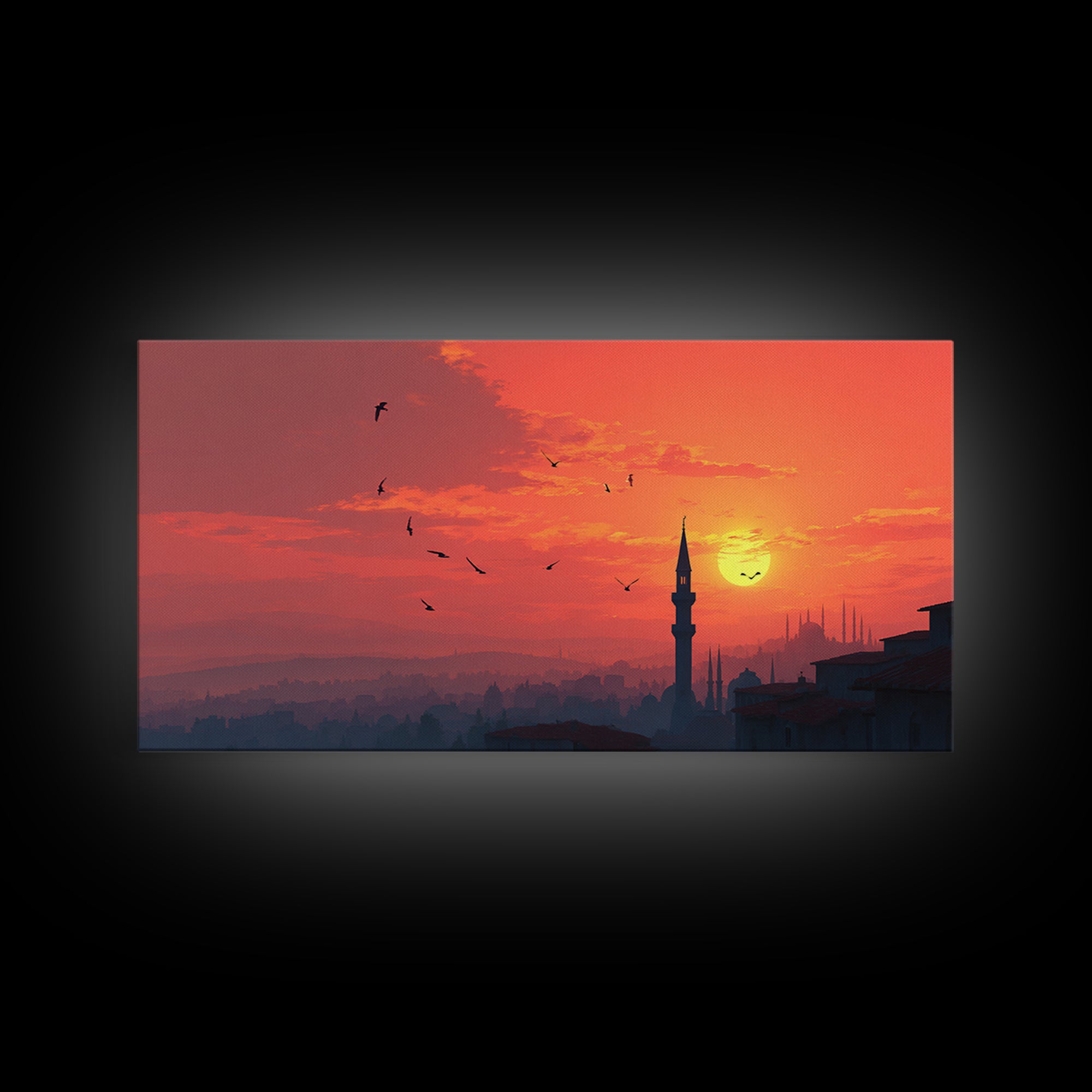 Istanbul Sunset Minaret Skyline Wall Art, Turkish Travel Poster For Living Room Decor, Orange Wall Decor And Housewarming Gift