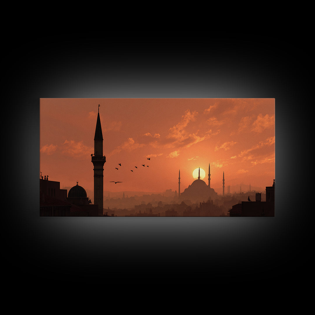 Orange Mosque Skyline At Sunset Wall Art, Islamic Architecture Print, Middle Eastern Decor, Ramadan Eid Gift For Home Decor