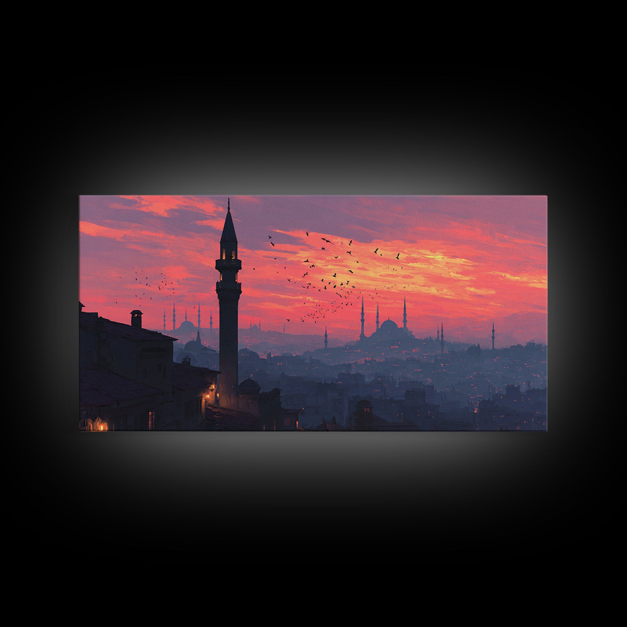 Istanbul Minarets At Pink Sunset Wall Art, Turkish Skyline Canvas Print, Middle Eastern Decor, Travel Poster, Islamic Art