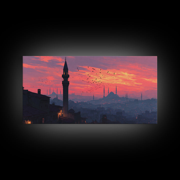 Istanbul Minarets At Pink Sunset Wall Art, Turkish Skyline Canvas Print, Middle Eastern Decor, Travel Poster, Islamic Art