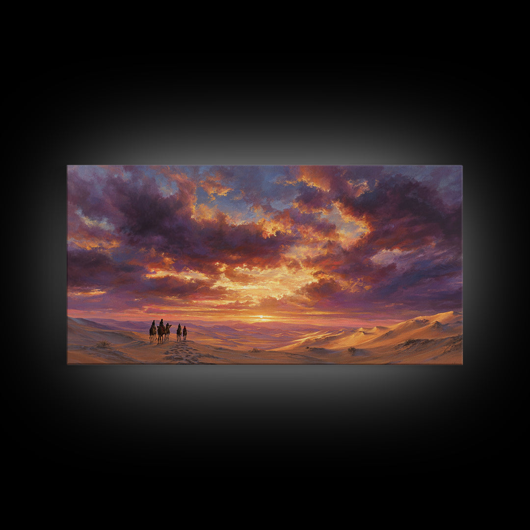 Desert Caravan At Purple Sunset Wall Art, Arabian Landscape Canvas Print, Dunes Travel Poster, Warm Boho Home Decor Gift
