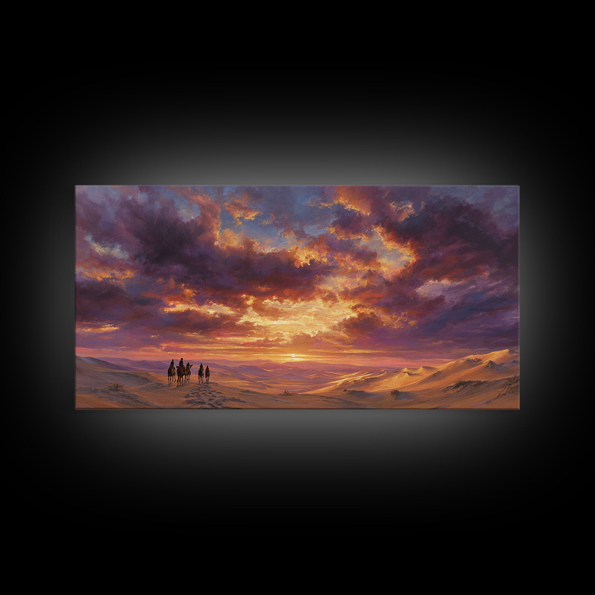 Desert Caravan At Purple Sunset Wall Art, Arabian Landscape Canvas Print, Dunes Travel Poster, Warm Boho Home Decor Gift