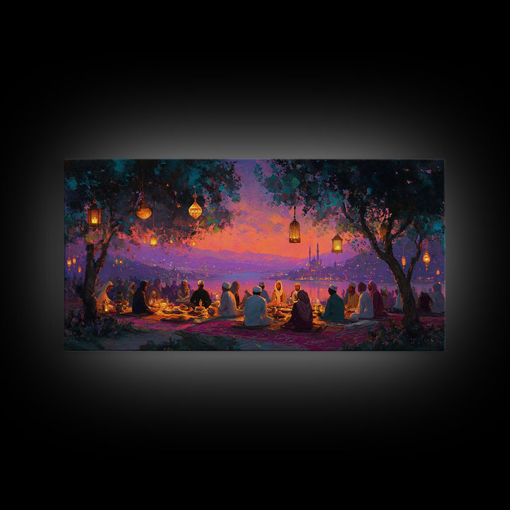 Lantern Lit Sunset Iftar Gathering Canvas Print, Islamic Wall Art, Ramadan Decor, Middle Eastern Home Decor Gift For Family