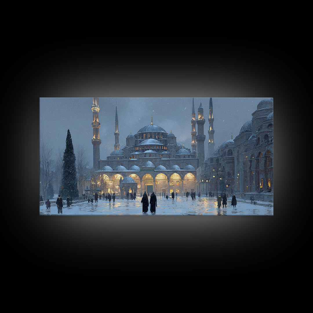 Snowy Istanbul Mosque Framed Canvas Print, Islamic Architecture Wall Art, Blue Winter Cityscape, Elegant Home Decor Gift