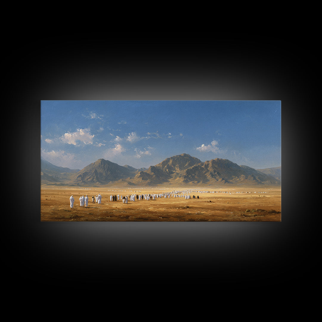 Desert Pilgrimage Beneath Rugged Mountains Framed Canvas Print, Islamic Wall Art, Panoramic Landscape Home Decor Gift Idea