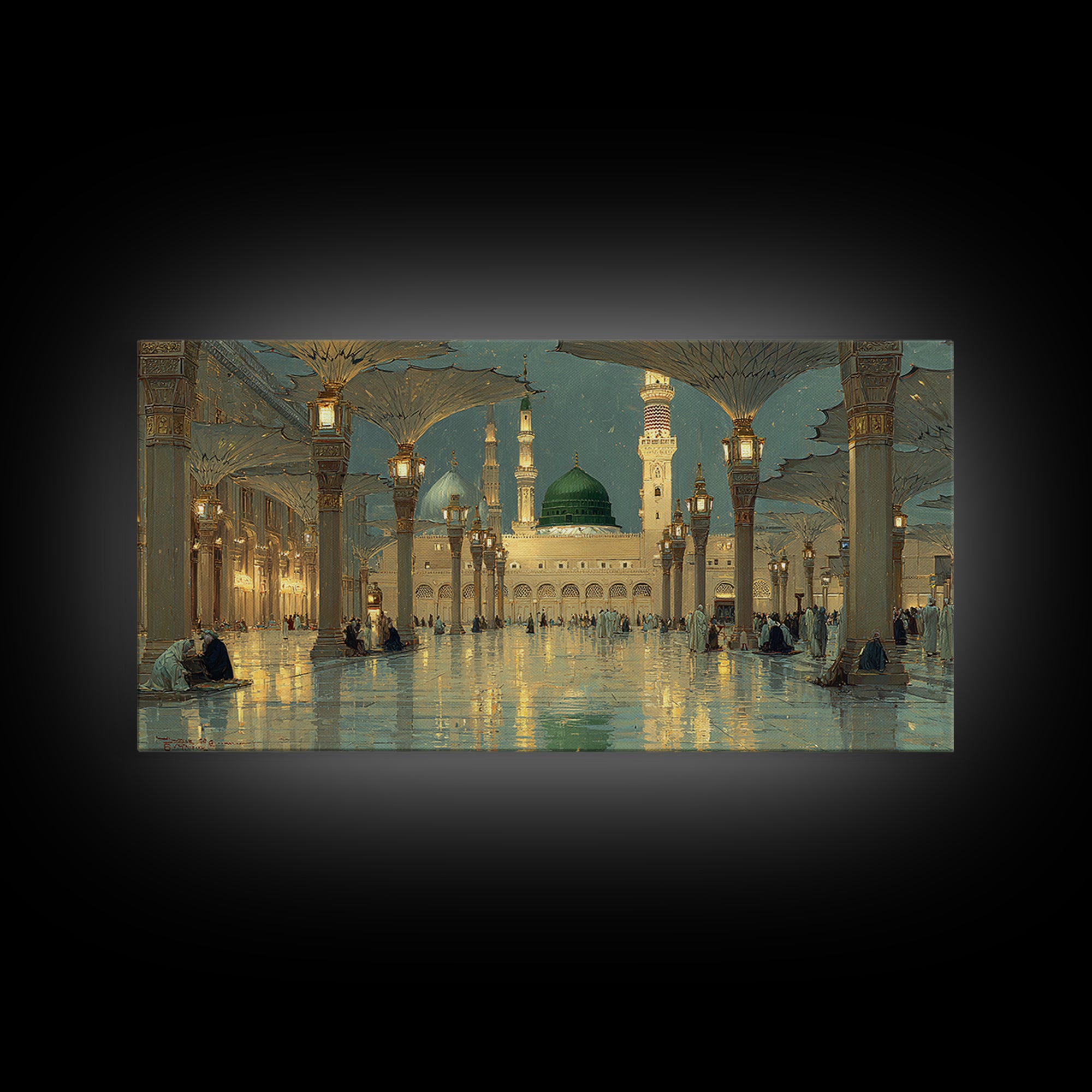 Golden Mosque Courtyard At Night Wall Art, Islamic Architecture Art Print, Serene Ramadan Decor And Muslim Gift For Prayer Room