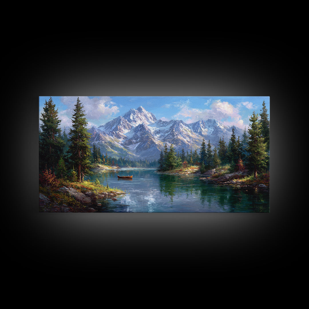 Snowy Mountain Lake With Canoe Framed Canvas Print, Alpine Landscape Wall Art, Rustic Cabin Decor, Nature Gift For Living Room