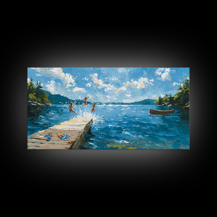 Summer Lake Dock Wall Art, Kids Swimming And Canoe Canvas, Bright Coastal Cabin Decor, Lake House Living Room Print Gift