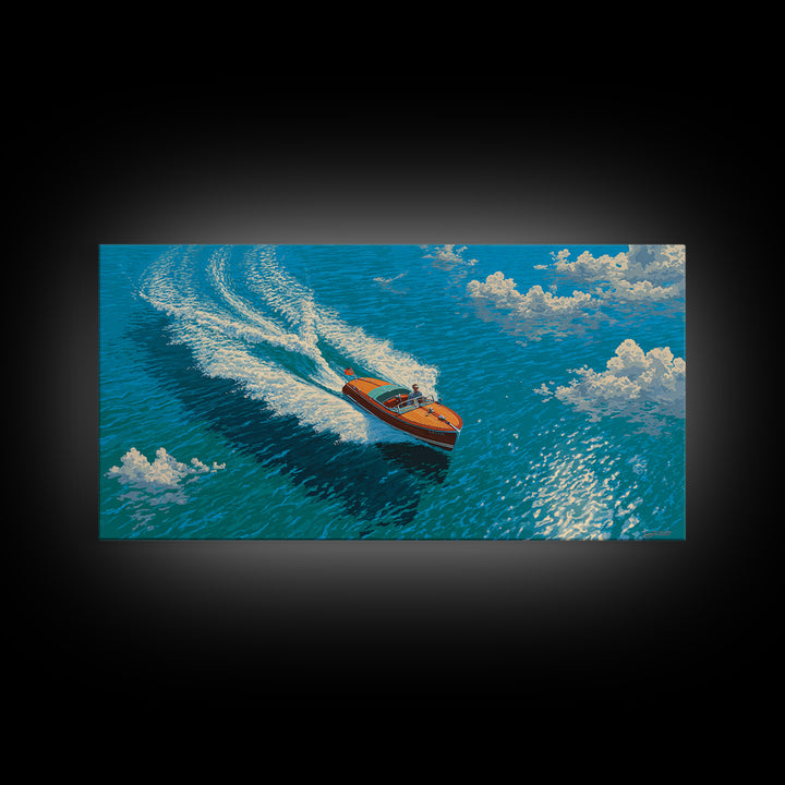 Orange Speedboat On Blue Ocean Canvas Print, Coastal Wall Art, Nautical Beach House Decor, Summer Travel Gift For Him, Art Print