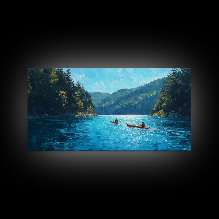 Kayakers On Blue Mountain Lake Wall Art, Forest Landscape Canvas Print, Calming Nature Decor, Serene Cabin Living Room Wall Art