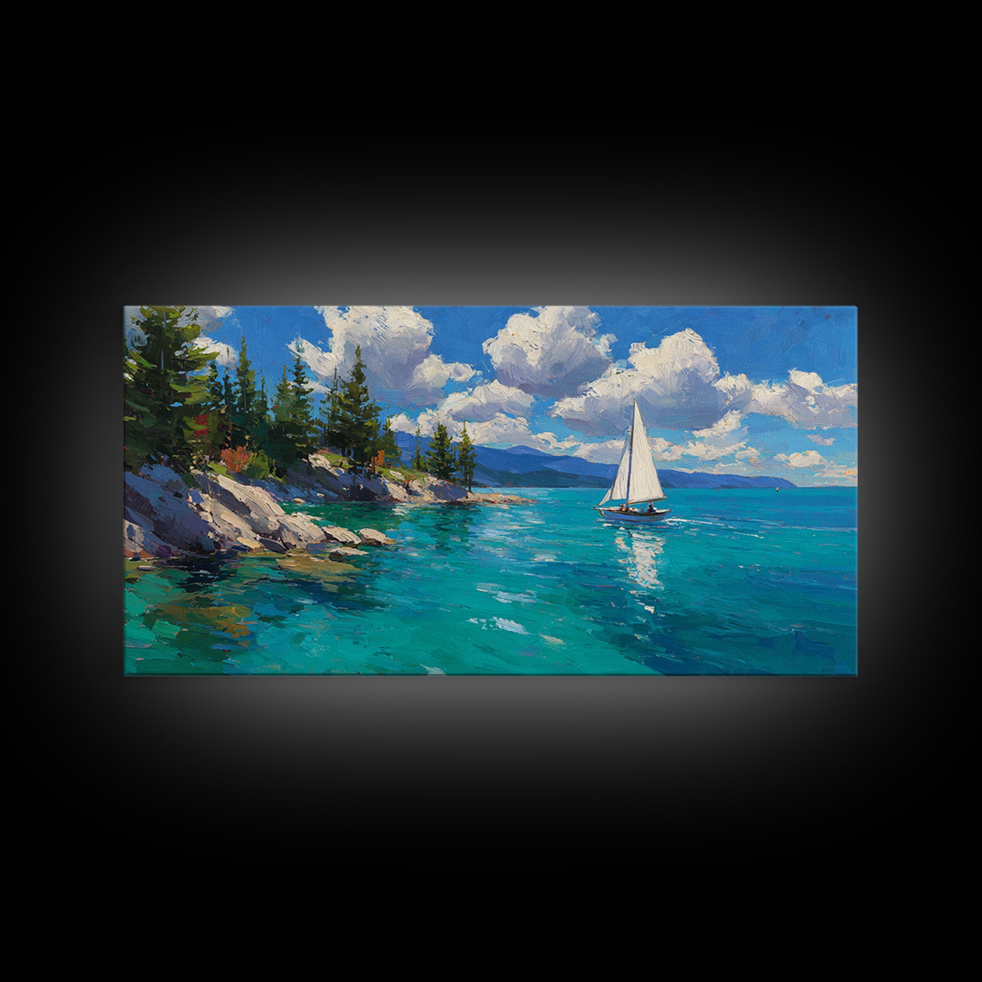 White Sailboat On Turquoise Lake Wall Art, Coastal Landscape Canvas Print, Nautical Decor, Beach House Living Room Wall Art