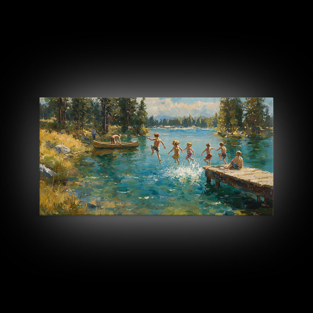 Children Jumping Into Summer Lake Canvas Print, Impressionist Landscape Wall Art, Cabin Decor, Lake House Art, Family Gift