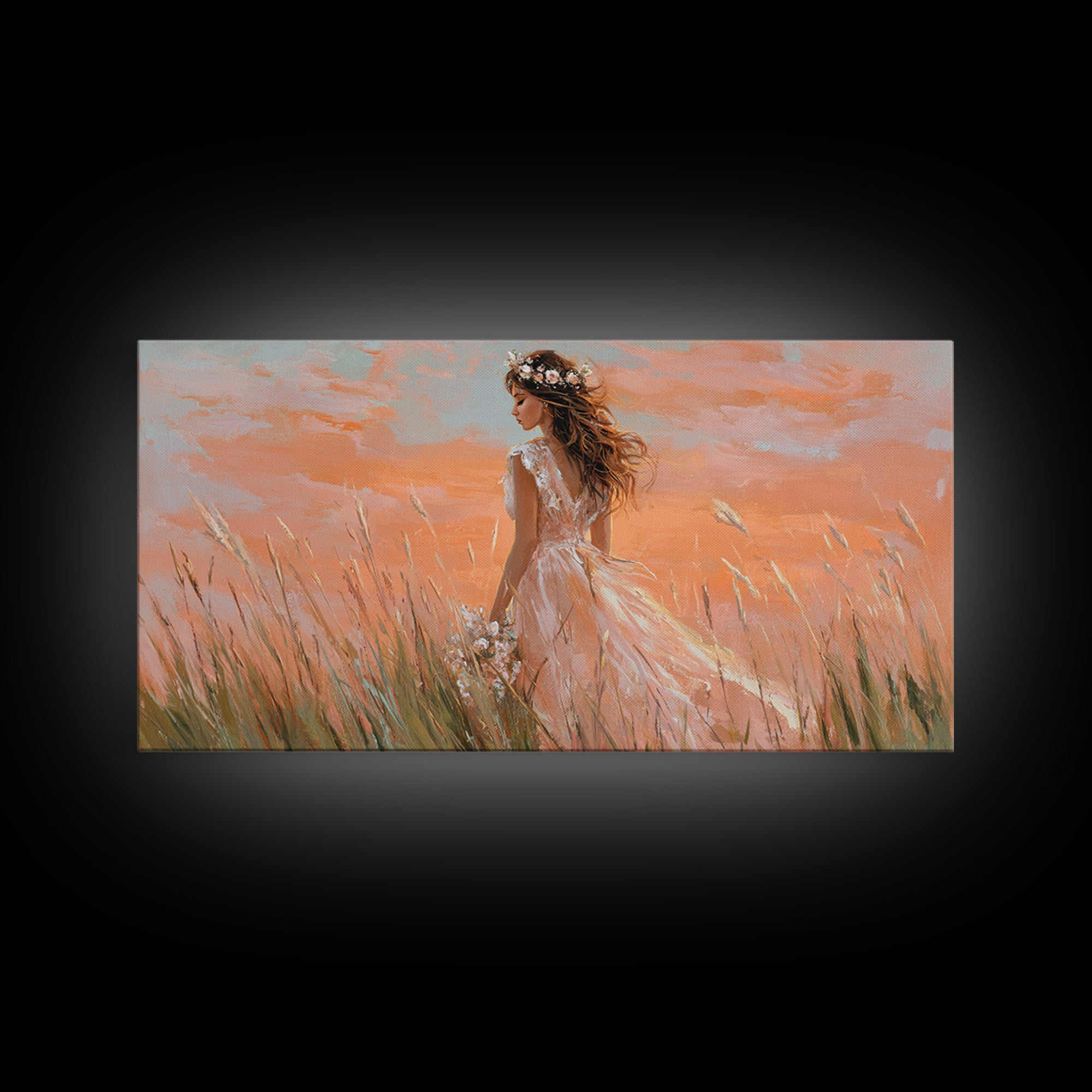 Boho Bride In Golden Meadow Canvas Print, Romantic Feminine Wall Art, Soft Peach Sunset Bedroom Decor, Wedding Gift For Her
