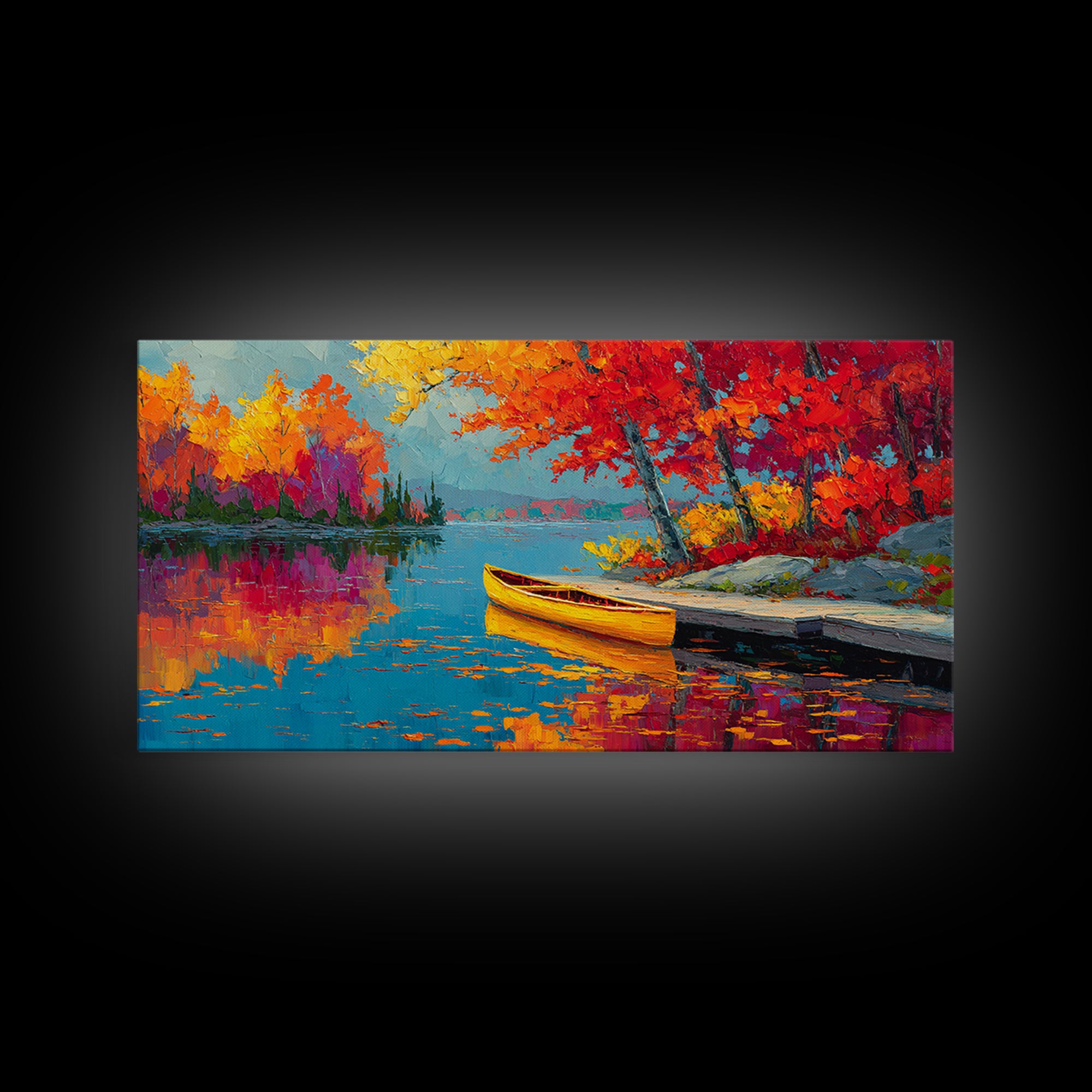 Autumn Canoe Lake Painting Canvas Print, Colorful Fall Landscape Wall Art, Lake House Decor, Rustic Cabin Living Room Art