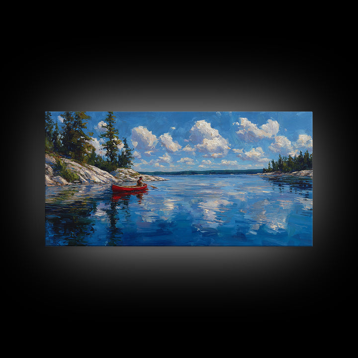 Red Kayak Mountain Lake Wall Art, Blue Water Landscape Canvas, Peaceful Cabin Decor For Lake House, Nature Art Print Gift