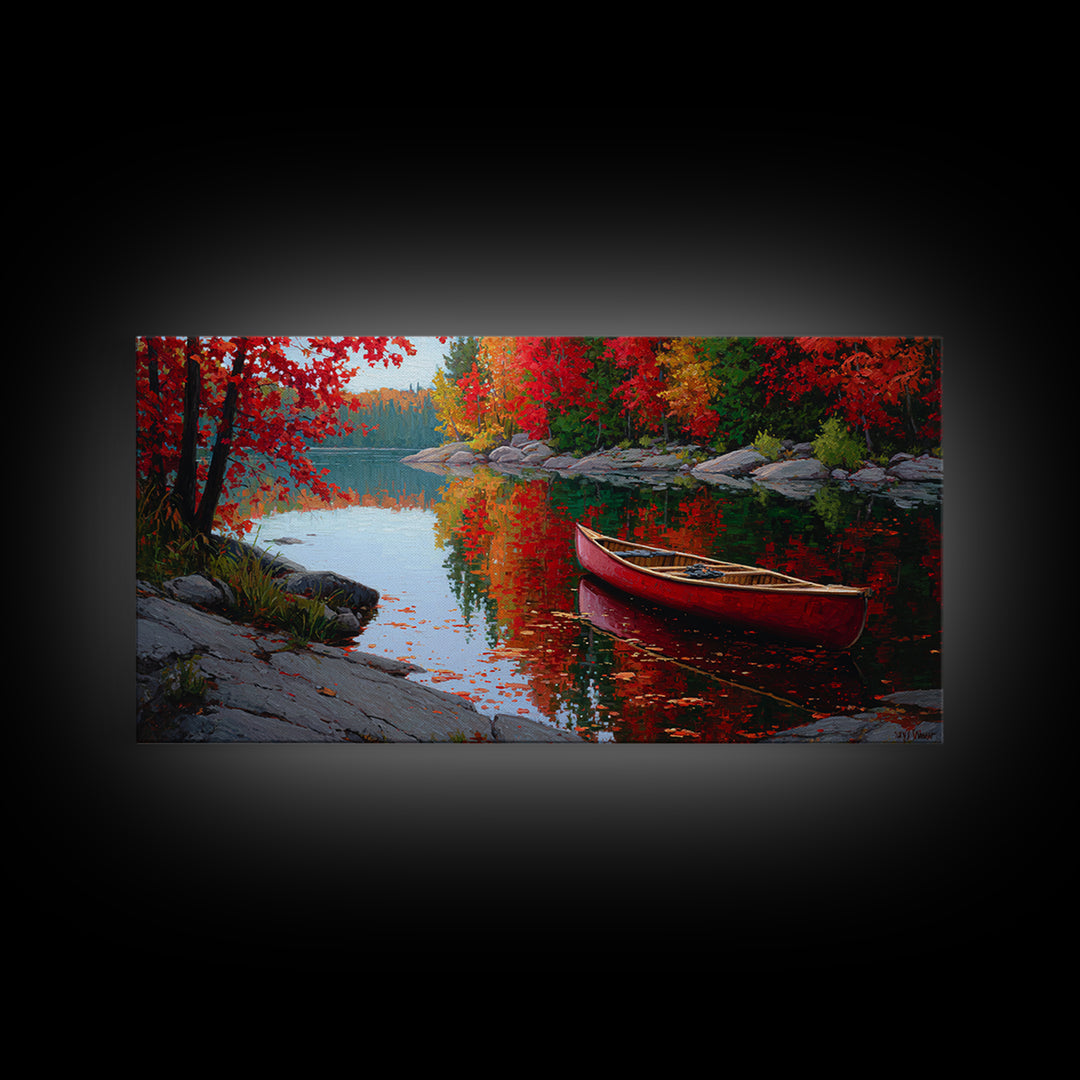 Red Canoe On Autumn Lake Framed Canvas Print, Cabin Wall Art, Fall Landscape Painting, Rustic Lake House Decor, Nature Art Print